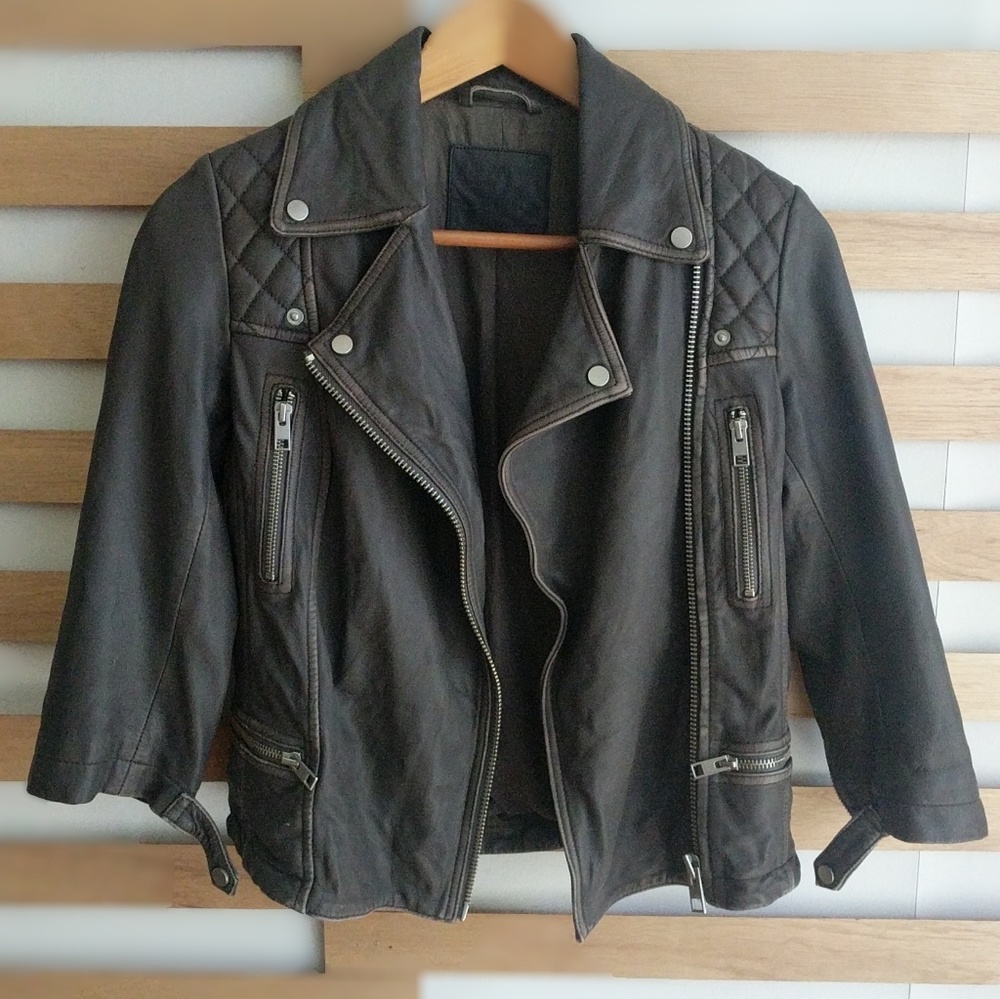 All Saints Leather Cropped Cargo Biker Jacket